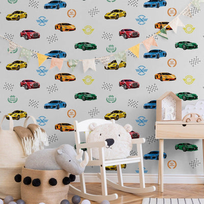 Boys Car Themed Textured Wallpaper, Boys Bedroom Wall Paper, Nursery Wallpaper, 114 sq ft, Cars Wall Decor, Kids Room Wallpaper, White - Adawall -Houston Wallpaper Store - Walcoverings, Curtains & Wall Panels