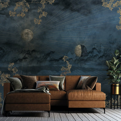 Celestial Moon Wall Mural, Moon Phases Blue Wallpaper, Large Space Custom Size Wall Covering, Non-Woven, Non-Pasted, Removable, Washable, Art - Adawall -Houston Wallpaper Store - Walcoverings, Curtains & Wall Panels