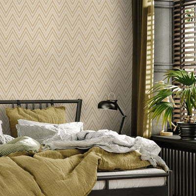 Chevron Wallpaper, Cream, Gold Geometric Deep Embossed Zigzag Pattern Geometric Wallcovering - Adawall -Houston Wallpaper Store - Walcoverings, Curtains & Wall Panels