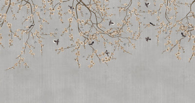 Chinoiserie Birds Floral Wall Mural, Gray Flowers Blossom Wallpaper, Large, Oversized Elegant Custom Size Wall Art, Non-Woven, Non-Pasted, Modern - Adawall -Houston Wallpaper Store - Walcoverings, Curtains & Wall Panels