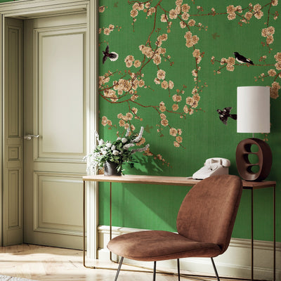 Chinoiserie Birds Floral Wall Mural, Green Flowers Blossom Wallpaper, Large, Oversized Elegant Custom Size Wall Art, Non-Woven, Non-Pasted, Modern - Adawall -Houston Wallpaper Store - Walcoverings, Curtains & Wall Panels