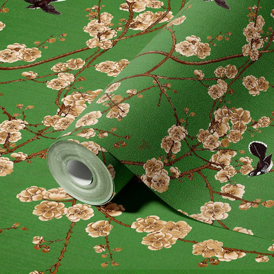 Chinoiserie Birds Floral Wall Mural, Green Flowers Blossom Wallpaper, Large, Oversized Elegant Custom Size Wall Art, Non-Woven, Non-Pasted, Modern - Adawall -Houston Wallpaper Store - Walcoverings, Curtains & Wall Panels