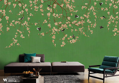 Chinoiserie Birds Floral Wall Mural, Green Flowers Blossom Wallpaper, Large, Oversized Elegant Custom Size Wall Art, Non-Woven, Non-Pasted, Modern - Adawall -Houston Wallpaper Store - Walcoverings, Curtains & Wall Panels