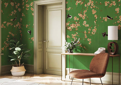Chinoiserie Birds Floral Wall Mural, Green Flowers Blossom Wallpaper, Large, Oversized Elegant Custom Size Wall Art, Non-Woven, Non-Pasted, Modern - Adawall -Houston Wallpaper Store - Walcoverings, Curtains & Wall Panels