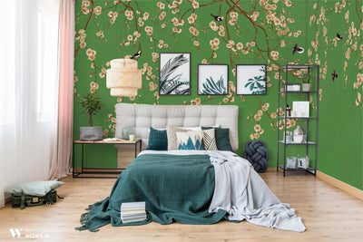 Chinoiserie Birds Floral Wall Mural, Green Flowers Blossom Wallpaper, Large, Oversized Elegant Custom Size Wall Art, Non-Woven, Non-Pasted, Modern - Adawall -Houston Wallpaper Store - Walcoverings, Curtains & Wall Panels