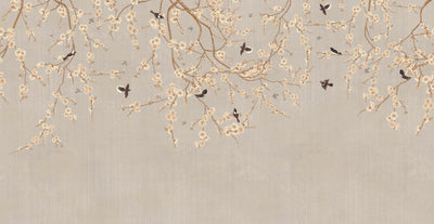Chinoiserie Birds Floral Wall Mural, Light Beige Flowers Blossom Wallpaper, Large, Oversized Elegant Custom Size Wall Art, Non-Woven, Non-Pasted, Modern - Adawall -Houston Wallpaper Store - Walcoverings, Curtains & Wall Panels