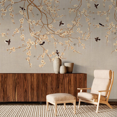 Chinoiserie Birds Floral Wall Mural, Light Beige Flowers Blossom Wallpaper, Large, Oversized Elegant Custom Size Wall Art, Non-Woven, Non-Pasted, Modern - Adawall -Houston Wallpaper Store - Walcoverings, Curtains & Wall Panels