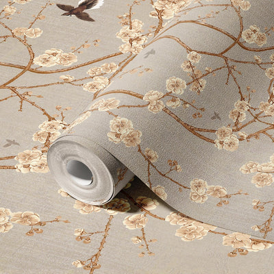 Chinoiserie Birds Floral Wall Mural, Light Beige Flowers Blossom Wallpaper, Large, Oversized Elegant Custom Size Wall Art, Non-Woven, Non-Pasted, Modern - Adawall -Houston Wallpaper Store - Walcoverings, Curtains & Wall Panels