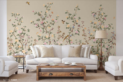 Chinoiserie Floral Blossoms Wall Mural, Green Botanical Tree Flowers Wallpaper, Custom Size Wall Covering, Non-Woven, Non-Adhesive, Removable, Washable - Adawall -Houston Wallpaper Store - Walcoverings, Curtains & Wall Panels
