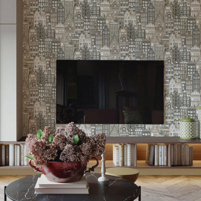 Cityscape 3D Embossed Wallpaper, Gray Realistic Houses Apartments Design, Home Wall Decor, Modern Wallcovering - Adawall -Houston Wallpaper Store - Walcoverings, Curtains & Wall Panels