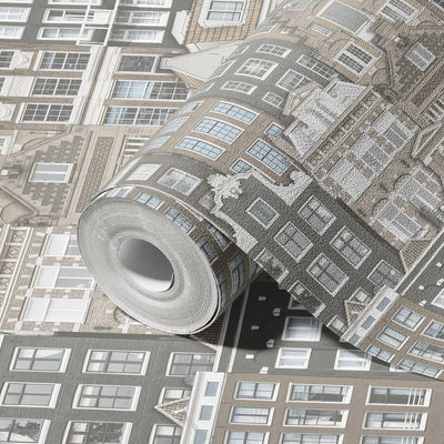 Cityscape 3D Embossed Wallpaper, Gray Realistic Houses Apartments Design, Home Wall Decor, Modern Wallcovering - Adawall -Houston Wallpaper Store - Walcoverings, Curtains & Wall Panels