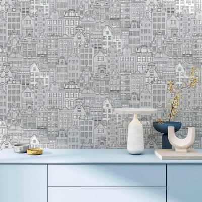 Cityscape 3D Embossed Wallpaper, Light Gray Realistic Houses Apartments Design, Home Wall Decor, Modern Wallcovering - Adawall -Houston Wallpaper Store - Walcoverings, Curtains & Wall Panels