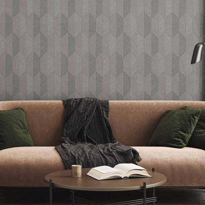 Contemporary 3D Embossed Geometric Wallpaper, Gray, Beige Modern Chevron Herringbone Shapes Wallcovering, Sturdy, Large 177 sq ft Roll - Adawall -Houston Wallpaper Store - Walcoverings, Curtains & Wall Panels