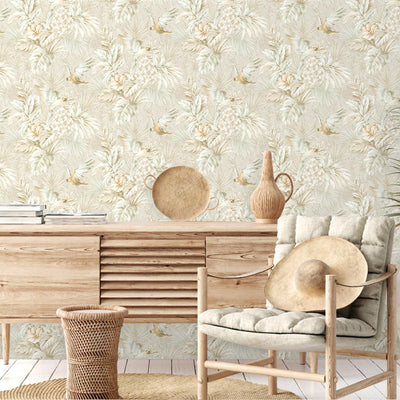 Cream Birds Deep Embossed Wallpaper, Stylish 3D Textured Tropical Plants Wallcovering - Adawall -Houston Wallpaper Store - Walcoverings, Curtains & Wall Panels