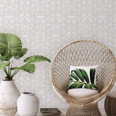 Cream Lace Trellis Wallpaper, Shiny Silver Gold Patterns Faded Colors Damask Design - Adawall -Houston Wallpaper Store - Walcoverings, Curtains & Wall Panels