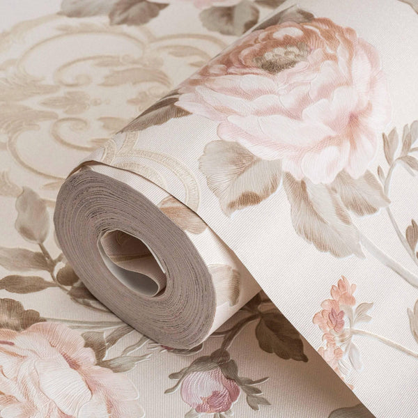 Cream Timeless Floral Embossed Rose Wallpaper, Flocked Vivid Color Rose Flowers Pattern - Adawall -Houston Wallpaper Store - Walcoverings, Curtains & Wall Panels