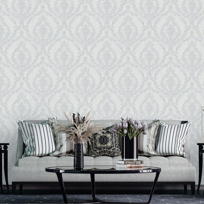 Damask Deep Embossed Wallpaper, Light Gray, White Luxury 3D Non-Pasted Wallcovering, Shimmering, Traditional Non-Woven Wall Decor - Adawall -Houston Wallpaper Store - Walcoverings, Curtains & Wall Panels