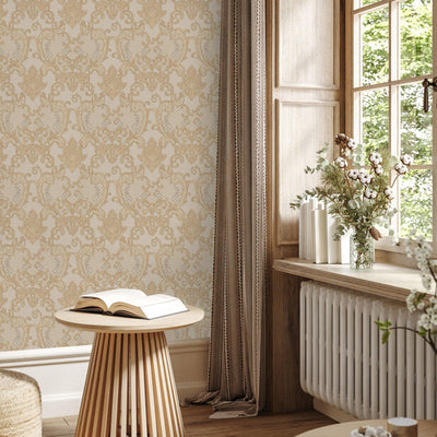Damask Flocked Velvet Feel Wallpaper, Beige Deep 3D Embossed Quilted Texture Luxury Wallcovering, Non-Woven - Adawall -Houston Wallpaper Store - Walcoverings, Curtains & Wall Panels