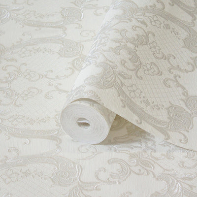 Damask Flocked Velvet Feel Wallpaper, White, Light Gray Deep 3D Embossed Quilted Texture Luxury Wallcovering, Non-Woven - Adawall -Houston Wallpaper Store - Walcoverings, Curtains & Wall Panels