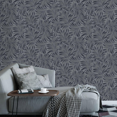 Dark Gray Black Luxury Leaves Solid Color Shades Wallpaper, Deep Embossed Flocked Velvet Feeling Design - Adawall -Houston Wallpaper Store - Walcoverings, Curtains & Wall Panels