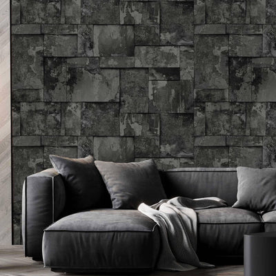 Elegant Black Stone Metallic Wallpaper, Realistic 3D Embossed Wall Decor, Industrial Aesthetic Wallcovering - Adawall -Houston Wallpaper Store - Walcoverings, Curtains & Wall Panels