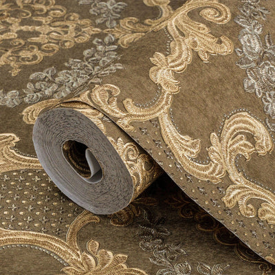 Elegant Brown Damask Deep Embossed Wallpaper, 3D Textured Dark Wallcovering, Traditional, Extra Large 114 sq ft Roll, Washable, Luxury - Adawall -Houston Wallpaper Store - Walcoverings, Curtains & Wall Panels