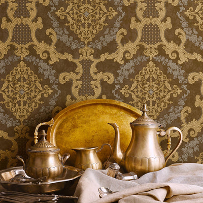 Elegant Brown Damask Deep Embossed Wallpaper, 3D Textured Dark Wallcovering, Traditional, Extra Large 114 sq ft Roll, Washable, Luxury - Adawall -Houston Wallpaper Store - Walcoverings, Curtains & Wall Panels