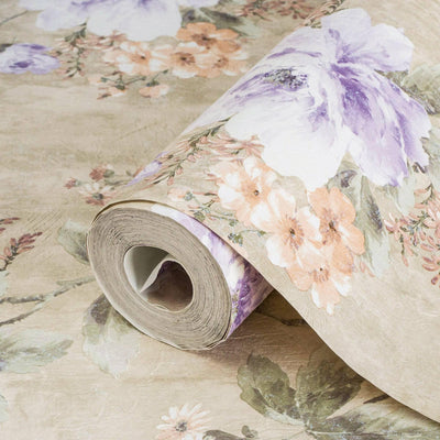 Elegant Deep Embossed Floral Wallpaper, Rich Textured Wallcovering, Traditional, Beige Purple, Extra Large 114 sq ft Roll, Flowers Wallpaper - Adawall -Houston Wallpaper Store - Walcoverings, Curtains & Wall Panels