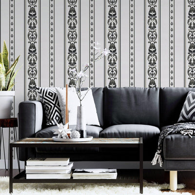 Elegant Deep Embossed Striped Wallpaper, Black and White Damask 3D Textured Wallcovering, Traditional, Large 114 sq ft Roll, Accent Wall - Adawall -Houston Wallpaper Store - Walcoverings, Curtains & Wall Panels