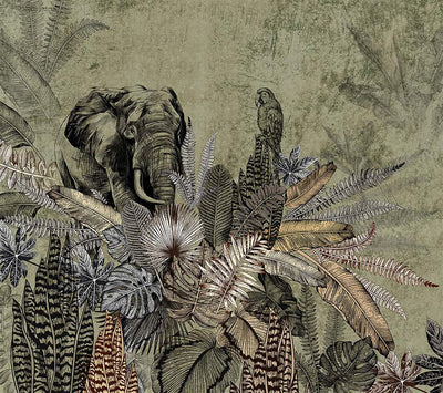 Elephant Jungle Wall Mural, Green Forest Animal Theme Wallpaper, Oversized Wall Art, Non-Woven, Non-Pasted, Removable, Exotic Wall Paper, Washable - Adawall -Houston Wallpaper Store - Walcoverings, Curtains & Wall Panels
