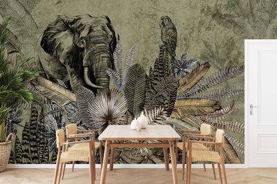 Elephant Jungle Wall Mural, Green Forest Animal Theme Wallpaper, Oversized Wall Art, Non-Woven, Non-Pasted, Removable, Exotic Wall Paper, Washable - Adawall -Houston Wallpaper Store - Walcoverings, Curtains & Wall Panels