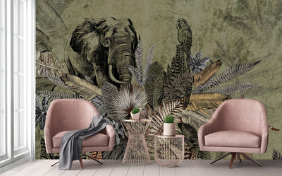 Elephant Jungle Wall Mural, Green Forest Animal Theme Wallpaper, Oversized Wall Art, Non-Woven, Non-Pasted, Removable, Exotic Wall Paper, Washable - Adawall -Houston Wallpaper Store - Walcoverings, Curtains & Wall Panels