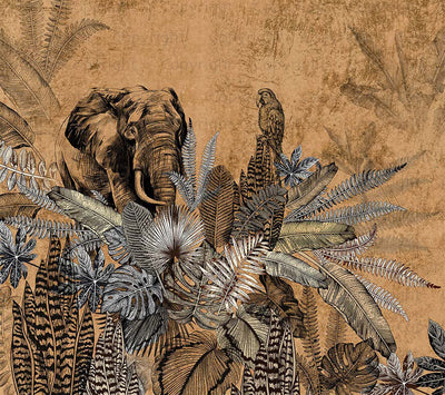 Elephant Jungle Wall Mural, Yellow Forest Animal Theme Wallpaper, Oversized Wall Art, Non-Woven, Non-Pasted, Removable, Exotic Wall Paper, Washable - Adawall -Houston Wallpaper Store - Walcoverings, Curtains & Wall Panels