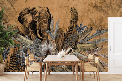 Elephant Jungle Wall Mural, Yellow Forest Animal Theme Wallpaper, Oversized Wall Art, Non-Woven, Non-Pasted, Removable, Exotic Wall Paper, Washable - Adawall -Houston Wallpaper Store - Walcoverings, Curtains & Wall Panels