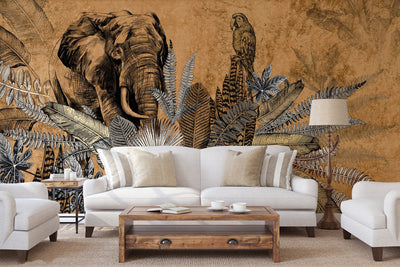 Elephant Jungle Wall Mural, Yellow Forest Animal Theme Wallpaper, Oversized Wall Art, Non-Woven, Non-Pasted, Removable, Exotic Wall Paper, Washable - Adawall -Houston Wallpaper Store - Walcoverings, Curtains & Wall Panels