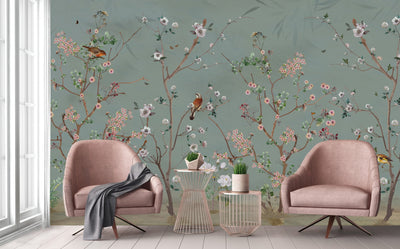 Extra Large Chinoiserie Floral Wallpaper, Birds Blossom Green Wall Mural, Custom Size, Luxury, Modern Wall Paper, Non-Pasted, Washable, Removable - Adawall -Houston Wallpaper Store - Walcoverings, Curtains & Wall Panels