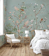 Extra Large Chinoiserie Floral Wallpaper, Birds Blossom Green Wall Mural, Custom Size, Luxury, Modern Wall Paper, Non-Pasted, Washable, Removable - Walloro High End Wallcoverings & More