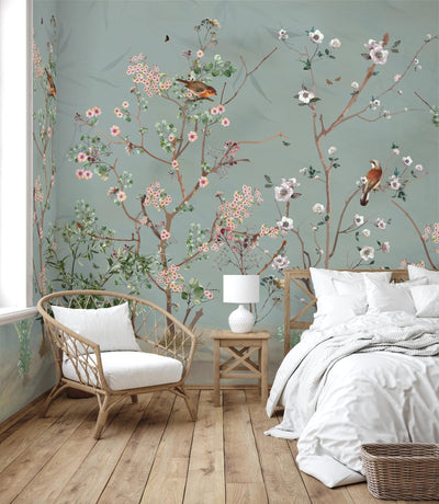Extra Large Chinoiserie Floral Wallpaper, Birds Blossom Green Wall Mural, Custom Size, Luxury, Modern Wall Paper, Non-Pasted, Washable, Removable - Adawall -Houston Wallpaper Store - Walcoverings, Curtains & Wall Panels