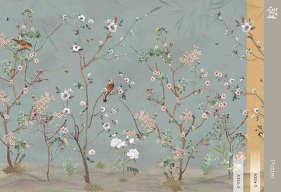 Extra Large Chinoiserie Floral Wallpaper, Birds Blossom Green Wall Mural, Custom Size, Luxury, Modern Wall Paper, Non-Pasted, Washable, Removable - Adawall -Houston Wallpaper Store - Walcoverings, Curtains & Wall Panels