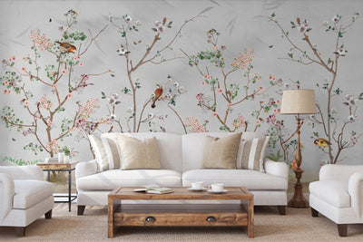 Extra Large Chinoiserie Floral Wallpaper, Birds Blossom Wall Mural, Custom Size, Luxury, Modern Wall Paper, Non-Pasted, Washable, Removable - Adawall -Houston Wallpaper Store - Walcoverings, Curtains & Wall Panels