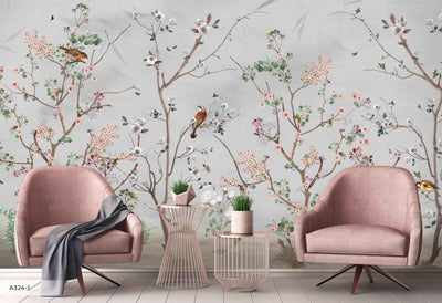 Extra Large Chinoiserie Floral Wallpaper, Birds Blossom Wall Mural, Custom Size, Luxury, Modern Wall Paper, Non-Pasted, Washable, Removable - Adawall -Houston Wallpaper Store - Walcoverings, Curtains & Wall Panels