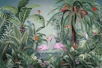 Flamingo Nature Theme Wall Mural, Dark Green Forest Wallpaper, Custom Wall Mural, Wall Poster Home Interior Decor, Non-Adhesive, Non-Woven, Washable, Removable - Adawall -Houston Wallpaper Store - Walcoverings, Curtains & Wall Panels