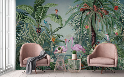 Flamingo Nature Theme Wall Mural, Dark Green Forest Wallpaper, Custom Wall Mural, Wall Poster Home Interior Decor, Non-Adhesive, Non-Woven, Washable, Removable - Adawall -Houston Wallpaper Store - Walcoverings, Curtains & Wall Panels