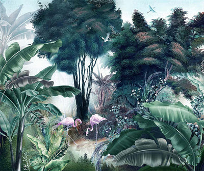 Flamingos Tropical Trees Wallpaper, Green Nature Wall Mural, Jungle Forest Scene, Non-Woven, Non-Pasted, Removable, Custom Exotic Wall Print Art - Adawall -Houston Wallpaper Store - Walcoverings, Curtains & Wall Panels