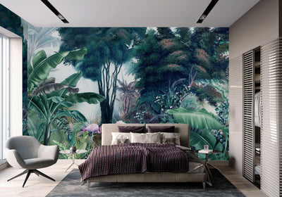 Flamingos Tropical Trees Wallpaper, Green Nature Wall Mural, Jungle Forest Scene, Non-Woven, Non-Pasted, Removable, Custom Exotic Wall Print Art - Adawall -Houston Wallpaper Store - Walcoverings, Curtains & Wall Panels