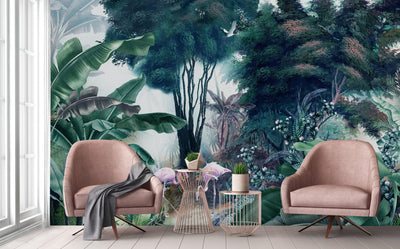 Flamingos Tropical Trees Wallpaper, Green Nature Wall Mural, Jungle Forest Scene, Non-Woven, Non-Pasted, Removable, Custom Exotic Wall Print Art - Adawall -Houston Wallpaper Store - Walcoverings, Curtains & Wall Panels