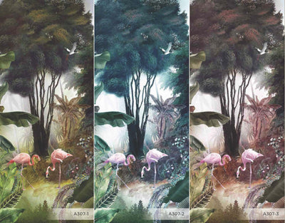Flamingos Tropical Trees Wallpaper, Green Nature Wall Mural, Jungle Forest Scene, Non-Woven, Non-Pasted, Removable, Custom Exotic Wall Print Art - Adawall -Houston Wallpaper Store - Walcoverings, Curtains & Wall Panels