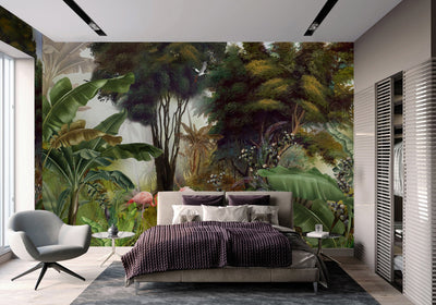 Flamingos Tropical Trees Wallpaper, Light Green Nature Wall Mural, Jungle Forest Scene, Non-Woven, Non-Pasted, Removable, Custom Exotic Wall Print Art - Adawall -Houston Wallpaper Store - Walcoverings, Curtains & Wall Panels