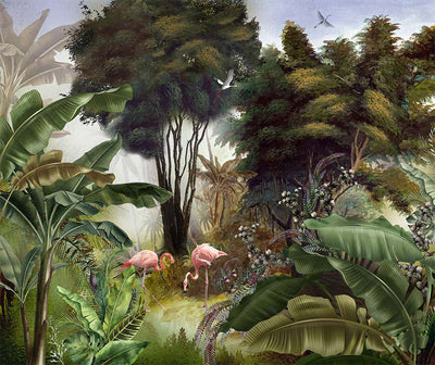 Flamingos Tropical Trees Wallpaper, Light Green Nature Wall Mural, Jungle Forest Scene, Non-Woven, Non-Pasted, Removable, Custom Exotic Wall Print Art - Adawall -Houston Wallpaper Store - Walcoverings, Curtains & Wall Panels