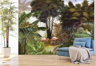 Flamingos Tropical Trees Wallpaper, Light Green Nature Wall Mural, Jungle Forest Scene, Non-Woven, Non-Pasted, Removable, Custom Exotic Wall Print Art - Adawall -Houston Wallpaper Store - Walcoverings, Curtains & Wall Panels
